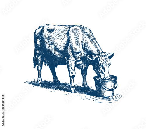 A vintage-style illustration depicts a cow with detailed linework, drinking water from a metal bucket. Hand drawn engraving style vector.