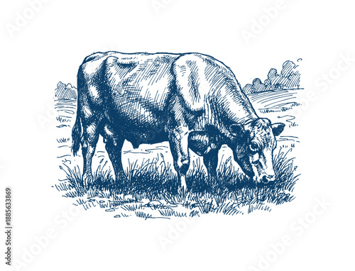 A vintage-style illustration depicts a single cow with intricate linework, peacefully grazing on lush grass in a pastoral setting. Hand drawn engraving style vector.