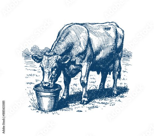 A detailed sketch of a cow with its head in a bucket, likely a farm animal illustration. Hand drawn engraving style vector.