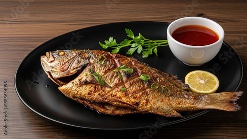 Grilled whole fish with herbs lemon and chili sauce on dark plate
