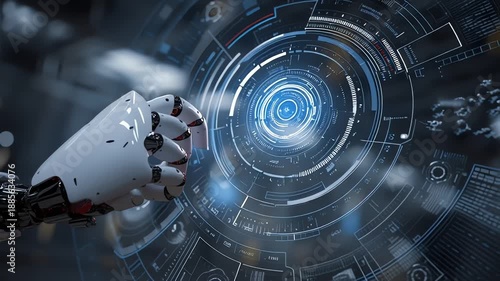Close-up of a robotic hand interacting with a futuristic blue interface on a dark technological background with neon lights.
