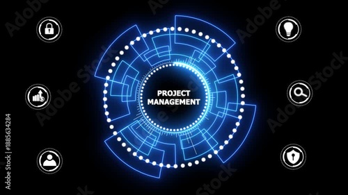 Project management concept. Business, Technology, Internet and network concept. glowing animation on black background.4k video.