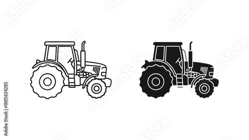 A minimalist vector graphic illustration of two tractors in line art and silhouette styles