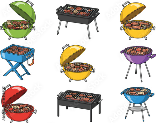 Barbecue grill vector set with colorful charcoal BBQ grills, outdoor cooking equipment and roasting food isolated on white background for summer and picnic design