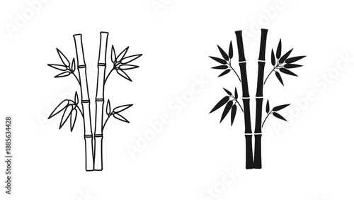A minimalist vector graphic illustration of bamboo stalks and leaves in black and white