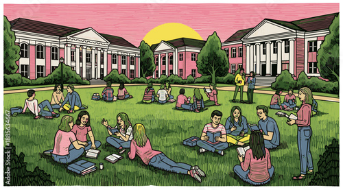 Students relaxing and studying on a university campus lawn at sunset