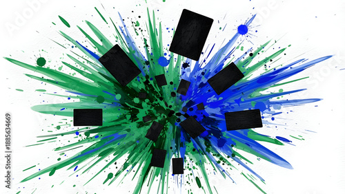 Vibrant green and blue paint splatter with black rectangles exploding