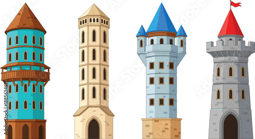 Medieval tower vector set with fantasy castle towers, stone watchtowers and fairytale architecture buildings isolated on white background for game and story design