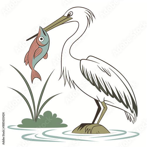 White heron catching fish in water with green plants
