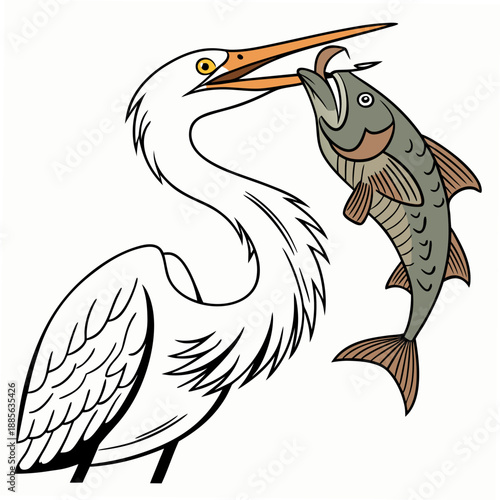 White heron with fish in beak bird aquatic bird