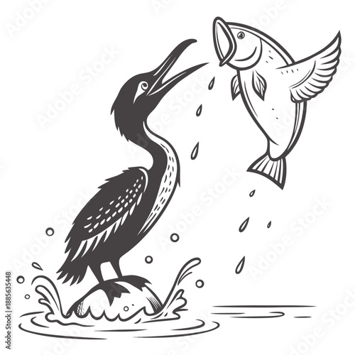 Bird catching fish in water aquatic hunting