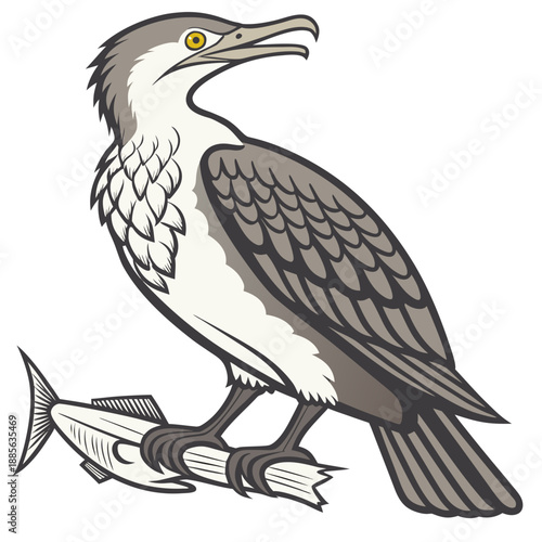 Gray and white water bird holding fish prey