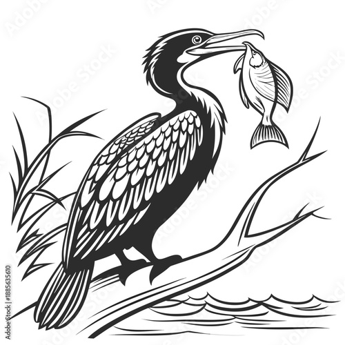 Black and white of cormorant holding fish in beak on branch over water