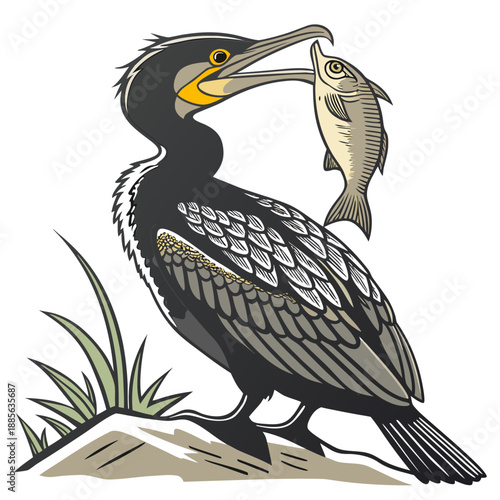 Black cormorant bird holding fish in beak on rock with grass