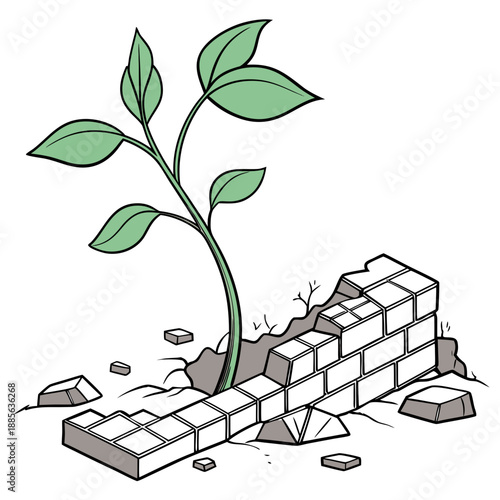 Green plant sprouting from collapsed brick wall on white background