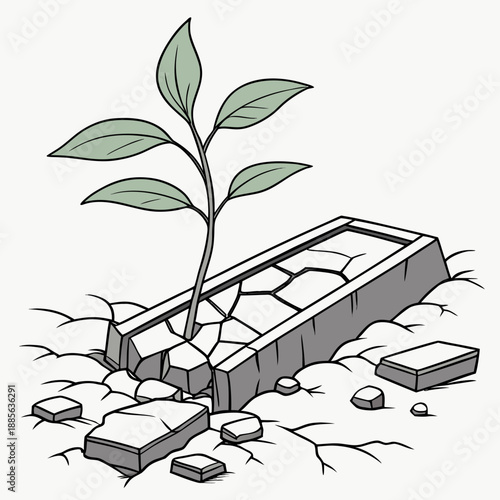 Green plant sprouting from cracked concrete block on white background