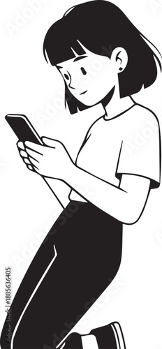 Minimalist Line Art Illustration of a Young Woman Using a Smartphone