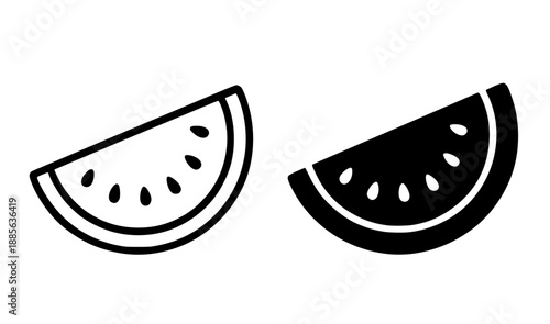 Sliced ​​watermelon illustration icon, black and white in outline and silhouette style