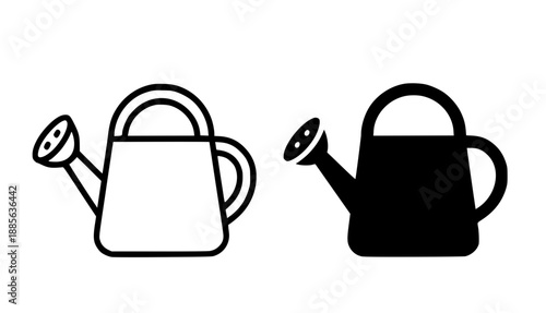 Watering can illustration icon, black and white in outline and silhouette style