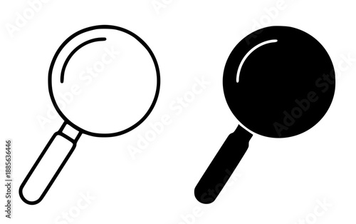 Unique magnifying glass illustration icon, black and white in outline and silhouette style