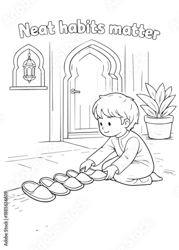 coloring book arab boy neatly arranging shoes showing clean and tidy habits