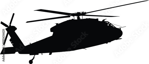 Military black aircraft isolated on white backgroundMilitary helicopter silhouette flying in profile, combat aviation defense transport technology power concept, black aircraft isolated on