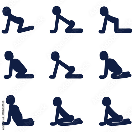 Group of blue icons illustrating people in various lying down and reclining poses, body positions.