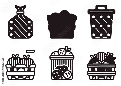 Collection of icons featuring garbage bags, trash bins, and baskets filled with produce.