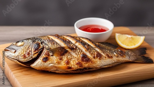 Grilled whole fish with lemon and chili sauce on wooden board