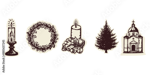 Set of Christian Christmas icon symbols with advent candle, church candles, Christmas tree and chapel monastery retreat collection. Hand drawn vector doodle motif for celebrating the festive season.
