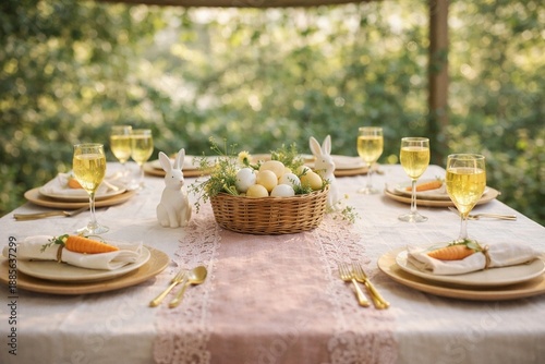 Elegant Easter table set outdoors under a pergola with champagne glasses, pastel table runner, bunny decor and basket of eggs. Cozy spring celebration concept for family brunch, holiday gatherings and