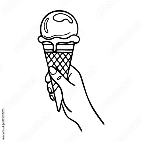 Dibujo sencillo de una mano sujetando un cucurucho de helado con líneas