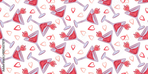 Seamless romantic vector pattern with cocktail glasses on light background. Valentine party design ideal for textile printing, fabric and festive decor.