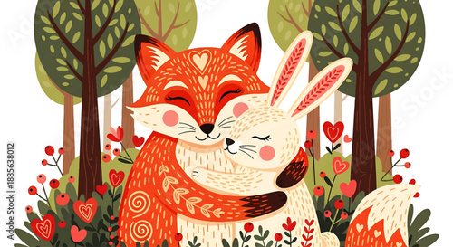 Charming Embrace of Fox and Rabbit, Romantic Forest Setting, Love Illustration, Whimsical Environment, Heartwarming Concept