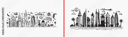 city scene illustration, urban architecture drawing, hand drawn cityscape art, black and white town illustration, buildings street sketch, city life artwork, architecture illustration set

