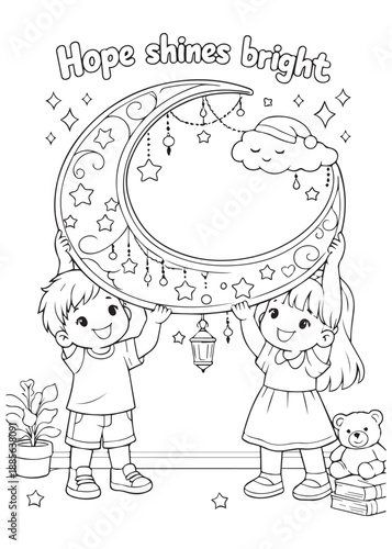 coloring book arab girl and boy holding a glowing moon together symbolizing hope