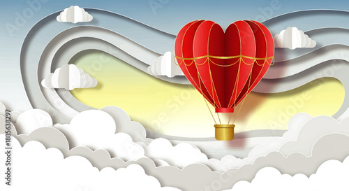 Heart-Shaped Hot Air Balloon Illustration from a Panoramic View
