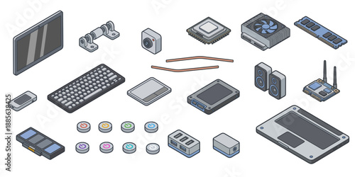 Berikut adalah optimasi SEO untuk aset ilustrasi vektor tersebut agar siap diunggah ke Adobe Stock:

Title
Isometric Flat Vector Laptop Hardware Components Set, Computer Parts Expansion Kit for Repair