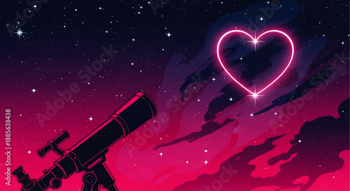 Valentine telescope gazes at a romantic heart nebula in the night sky, love‑filled starry landscape view