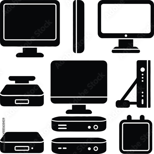 Black silhouette icon set of computer monitor screens, digital tv set top box receivers, media players and home office electronic hardware devices.