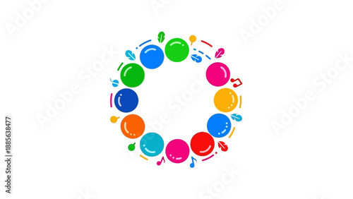 A colorful circular graphic design composed of variously sized circles and musical notes in a vibrant palette against a clean white background with a playful and creative mood.