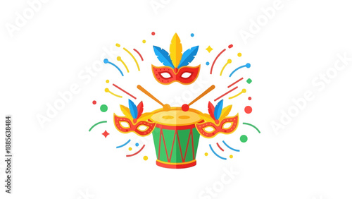 Vibrant illustration of a Mardi Gras mask and drum with colorful confetti and streamers on a white background.