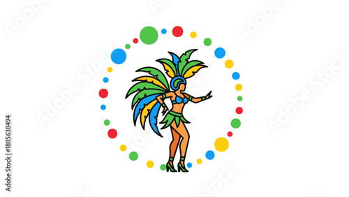 Vibrant illustration of a dancing woman in a colorful costume with feathers and a circular pattern of dots.