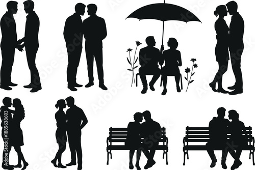 Romantic couple silhouettes set isolated on white background featuring lovers sitting on bench walking and hugging under umbrella for vector design