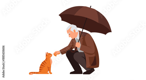 Kind Old Man Sheltering a Cat with Umbrella
