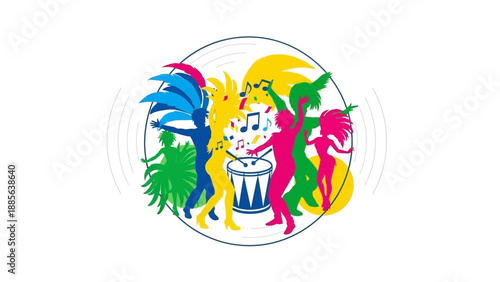 Vibrant illustration of four dancing figures in blue, green, yellow, and pink hues within a circular frame on a white background with playful and artistic style.