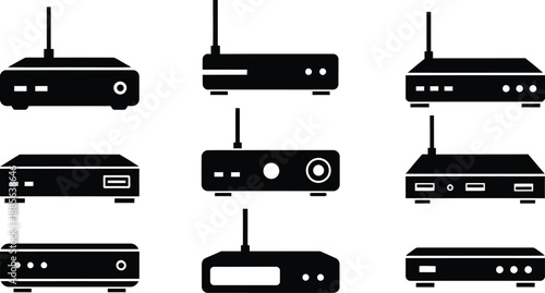 Black silhouette icon set of wireless internet routers, broadband modems, network switches and telecommunication hardware devices for office and home.