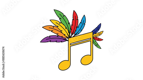 Colorful musical eighth note symbol with multicolored feathers on a white background in a flat graphic design.