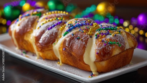 King cake with icing and colorful sprinkles on decorative plate  