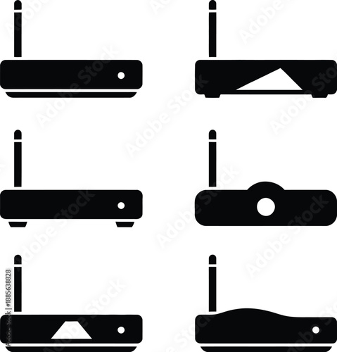 Black silhouette icon set of wireless internet router, modem, and wifi networking hardware devices for home or office connection on white background.